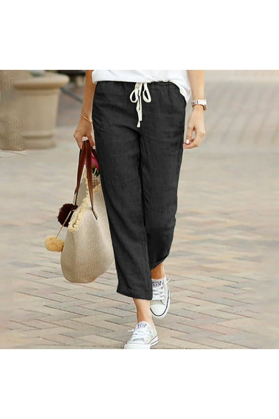 Cargo Pants for Women casual drawstring elastic waist cotton linen nine-quarter Trousers