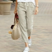 LEESECHIN Cargo Pants for Women casual drawstring elastic waist cotton linen nine-quarter Trousers on