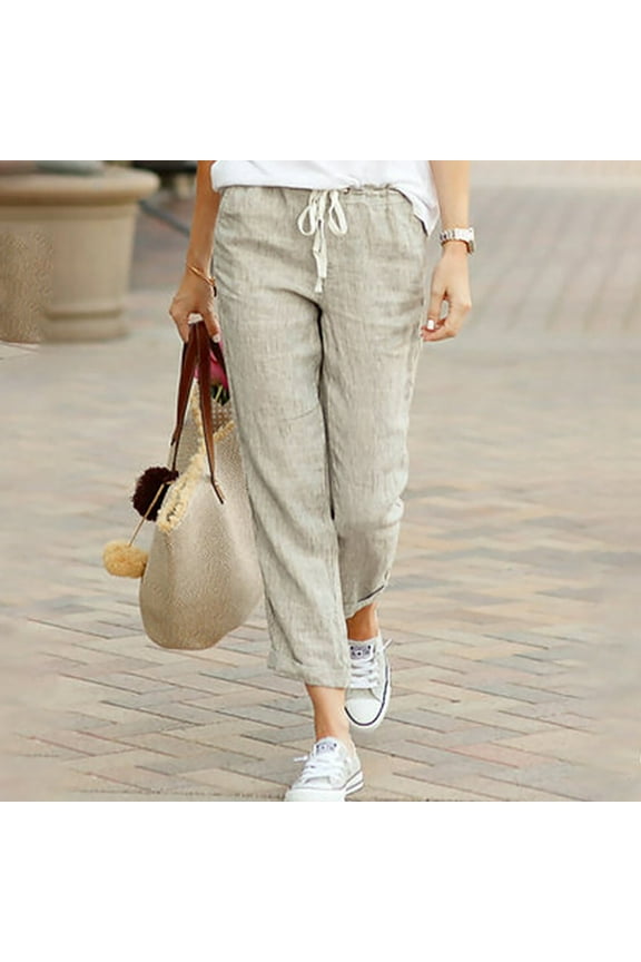 Cargo Pants for Women casual drawstring elastic waist cotton linen nine-quarter Trousers on