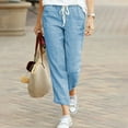 thumbnail image 1 of Leesechin Cargo Pants for Women casual drawstring elastic waist cotton linen nine-quarter Trousers, 1 of 4
