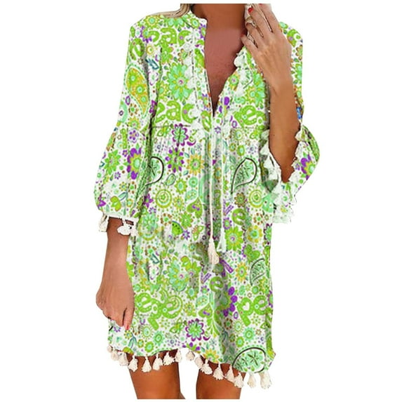 Leesechin Fashion Women V-Neck Summer Print 3/4 Sleeve Tassels Patchwork Mini Dress