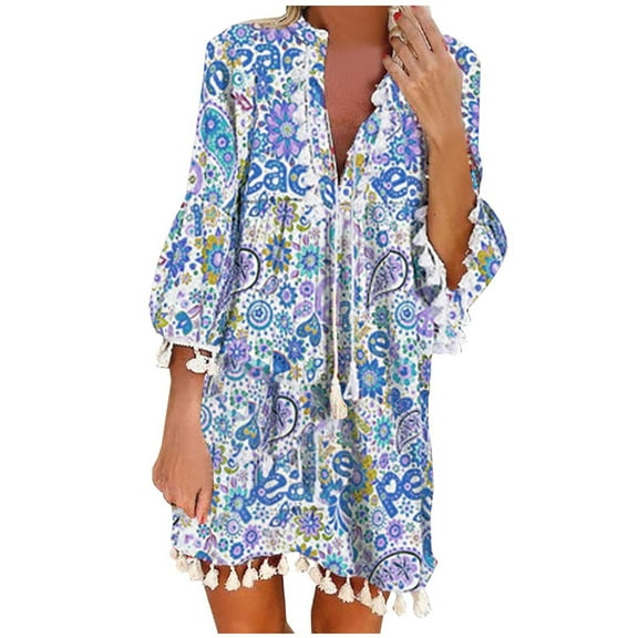 Leesechin Fashion Women V-Neck Summer Print 3/4 Sleeve Tassels Patchwork Mini Dress