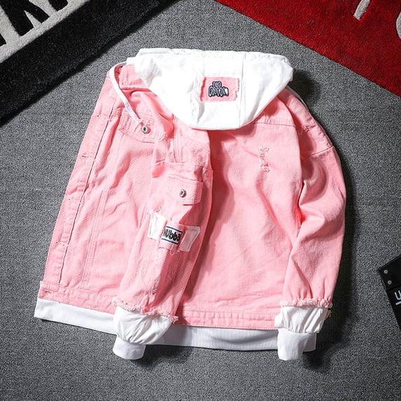 Leesechin Clearance Men Big and Tall Denim Jacket and Velvet Stand-collar Single-breasted Jacket Coat Pink L