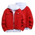 thumbnail image 1 of Leesechin Men Big and Tall Denim Jacket and Velvet Stand-collar Single-breasted Jacket Coat Red M, 1 of 9