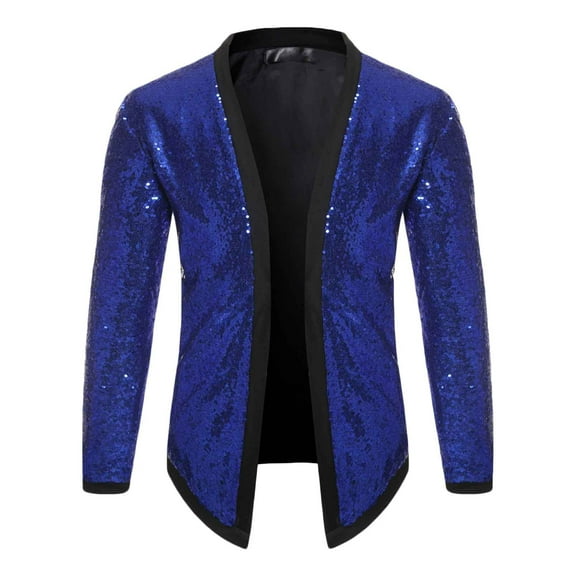 Leesechin Clearance Men Big and Tall Solid Long Sleeve Sequin Dance Dress Cardigan Jacket Blue L