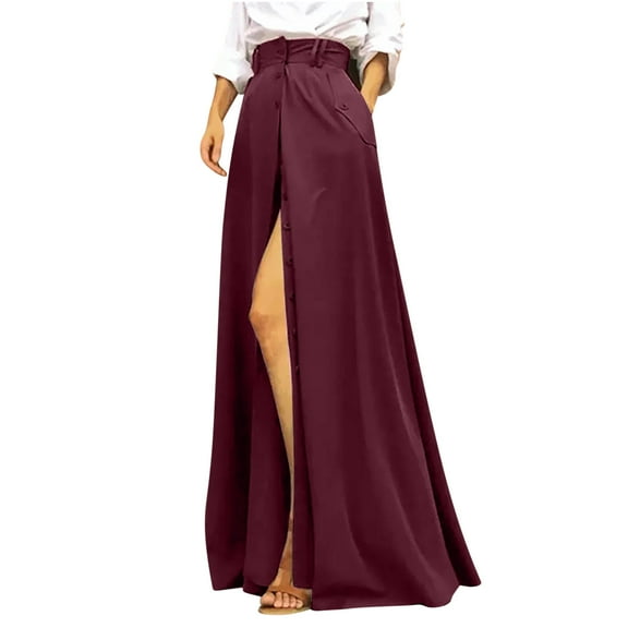 Leesechin Skirt for Women Pleated Solid Color Button Pocket Casual High Waist Skirt