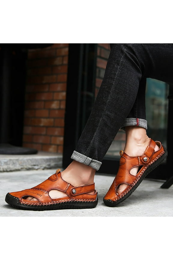 Leesechin Summer Men's Sandals Men's Trendy Leather Beach Shoes Shoes Sewing Shoes