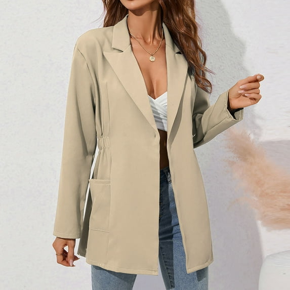 Leesechin Clearance Women's Blazer Casual Work Office Open Front Blazer Jacket Cardigan Solid Color with Pockets Khaki