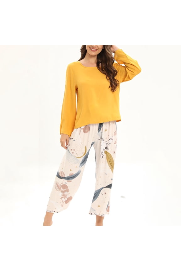 Leesechin Women's Round- Neck Pajamas Long Sleeve Household Sets
