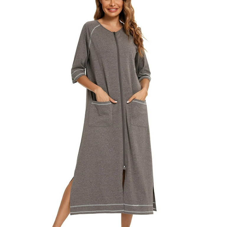Leesechin Clearance Women's Winter Warm Nightgown Nightdress Zip with  Pokets Plus Size Pajamas 