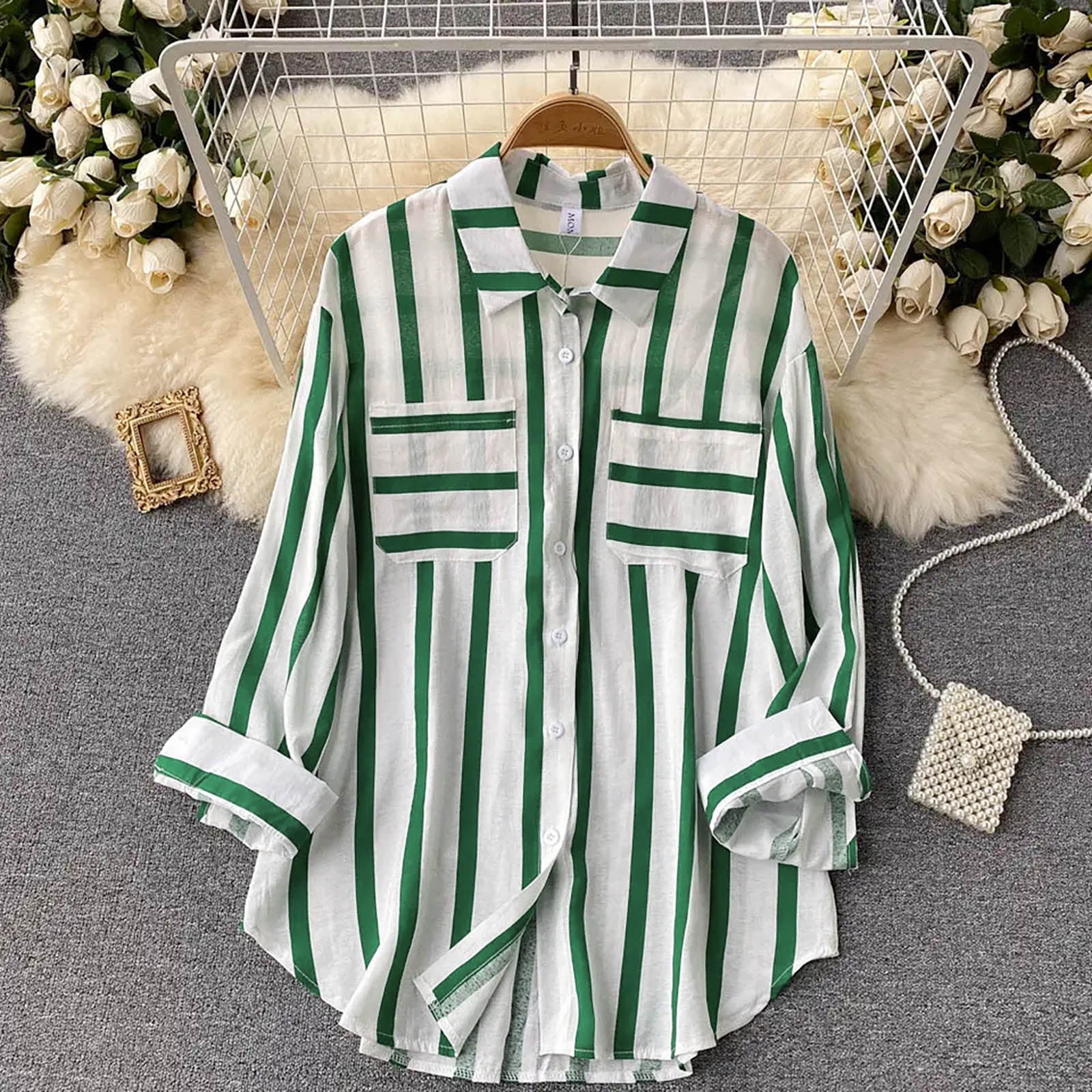 トップス ollun volume stripe tuck shirt OLIVE Buy Olive Green Stripe Girlfriend Oversized Long Sleeve