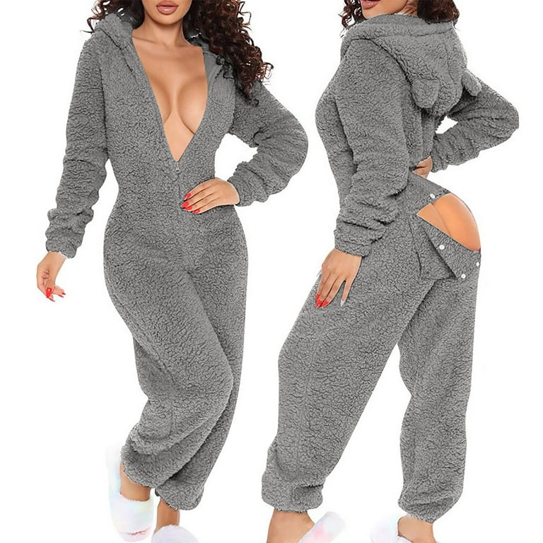 Leesechin Clearance Women's Winter Ear Buttoned Flap Functional Costume  Zipper Front Hooded Lounge Jumpsuit Comfortable Pajamas