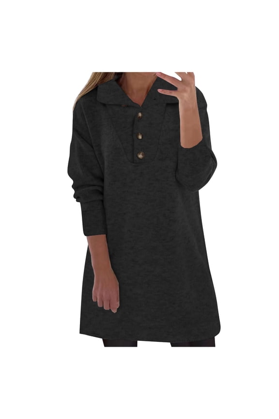 Leesech Womens Dresses Plus Size Casual Button V-Neck Solid Long Leeve Mini Dress