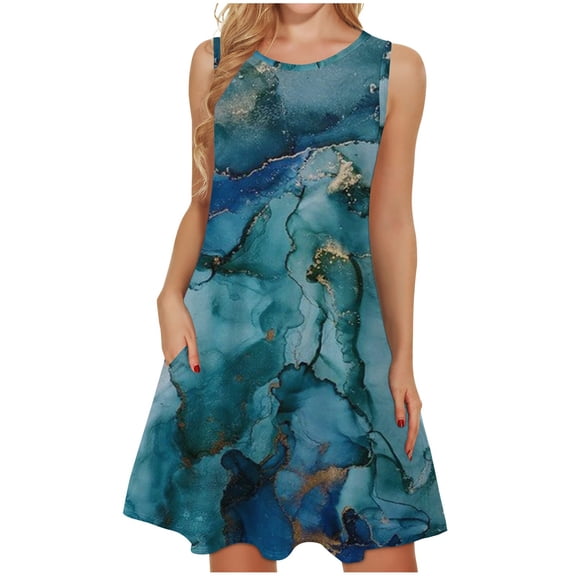 Leesechin Womens Dresses Round-Neck Sleeveless Letter Casual Pocket Summer Floral Print Long Maxi Dress