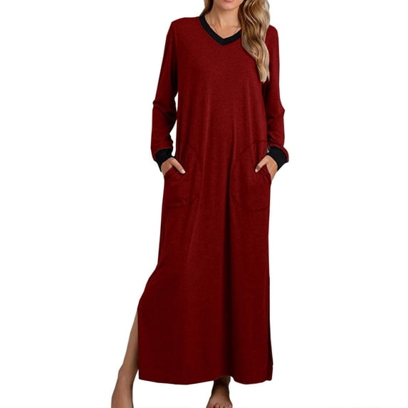 Leesechin Womens Pajamas Sleepshirts Long Sleeve V-Neck Pocket Side Slit Sleepwear Long Dress Red XL