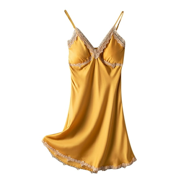 Leesechin Womens Sleepwear Dress Satin Sling Skirt Dress Lace Nighties Home Wear Pajamas Nightdress Yellow L