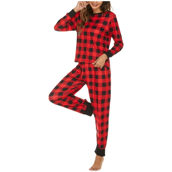 Leesech Womens Sleepwear Set Christmas Plaid Printed Elk Long Sleeve Pants Pajama Set Homewear Red L