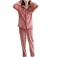 thumbnail image 1 of Leesechin Clearance Womens Sleepwear Set Flannel Solid Print Pocket Long Sleeve+ Long Pants Pajama Suit Orange 2XL, 1 of 7