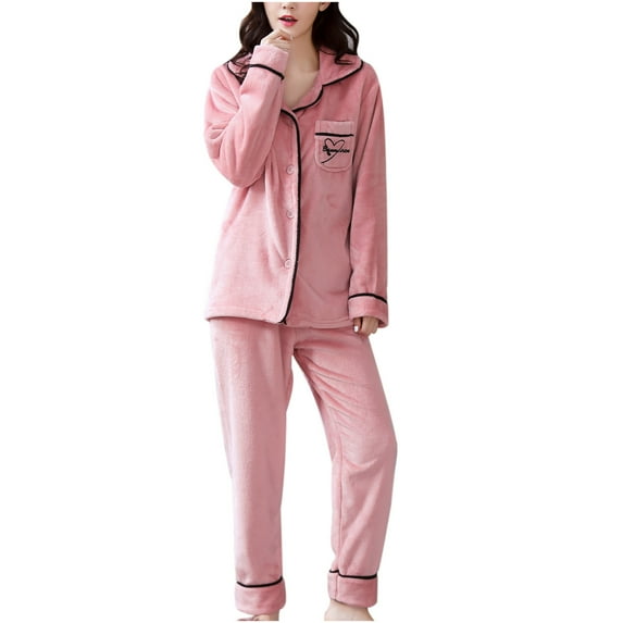 Leesechin Womens Sleepwear Set Flannel Solid Print Pocket Long Sleeve+ Long Pants Pajama Suit Pink M