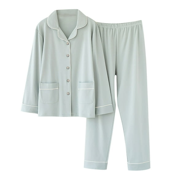 Leesechin Womens Sleepwear Set Men Cardigan Casual Double Pocket Solid Long Sleeves Sleepwear Tops and Pants Turndown Suit Green XL