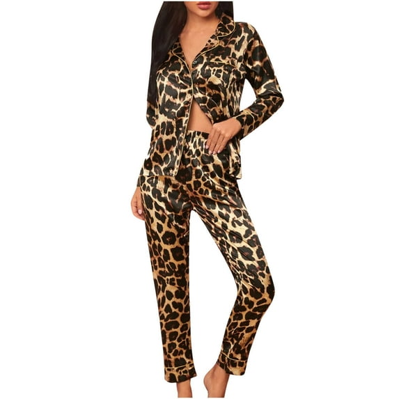 Leesechin Womens Sleepwear Set Print Home Wear Two-Piece Suit Long Sleeve Pants Pajama Set Brown XL