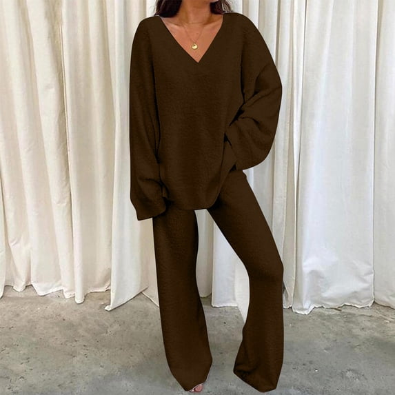 Leesechin Womens Sleepwear Set Two Piece Loungewear Long Sleeve Solid Color Tops with High Waist Pants Baggy Warm Pajama Sets Coffee S
