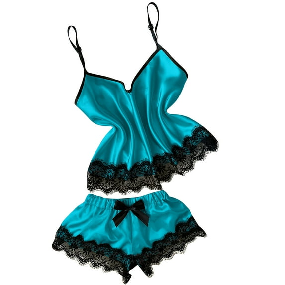 Leesechin Womens Sleepwear Set V-Neck Eyelash Lace Sexy Stain Camisole Pajamas Bowknot Shorts Set Green 2XL