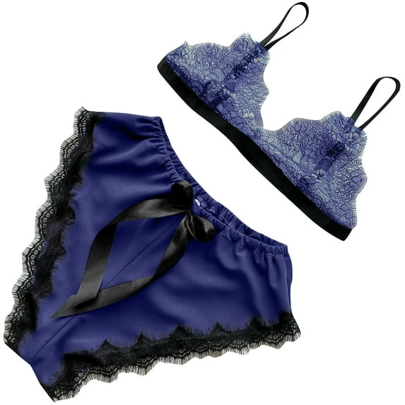 Leesechin Womens Sleepwear Set V-Neck Eyelash Lace Sexy Stain Camisole Pajamas Bowknot Shorts Set Navy S