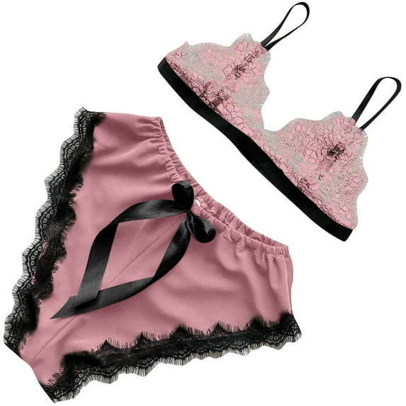 Leesechin Womens Sleepwear Set V-Neck Eyelash Lace Sexy Stain Camisole Pajamas Bowknot Shorts Set Pink S