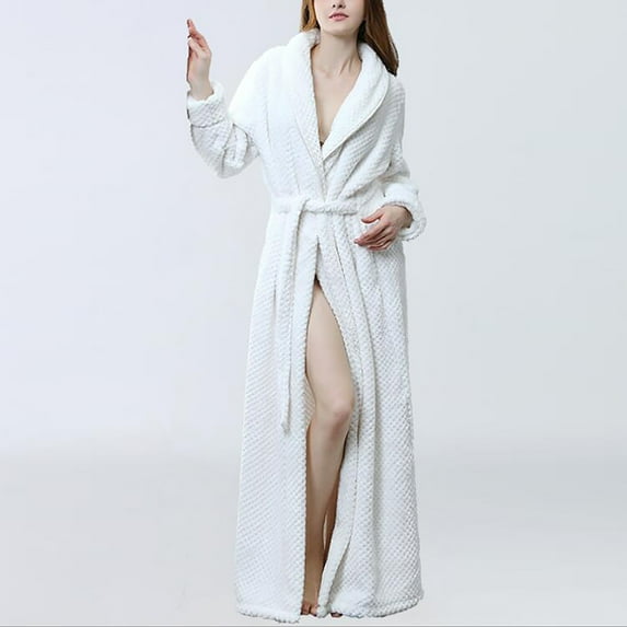 Leesechin Womens Solid Thicken Coral Fleece Robe Bathrobe Gown Pajamas Sleepwear Pocket+Belts