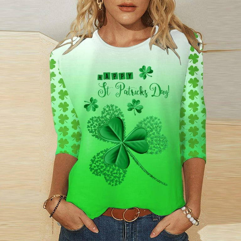 Leesechin Clearance Womens Tops St. Patrick's Day Ladies Trendy Round Neck  Comfortable Loose Print T-shirt Three Quarter Sleeve Blouse Casual Tops  Shirts 