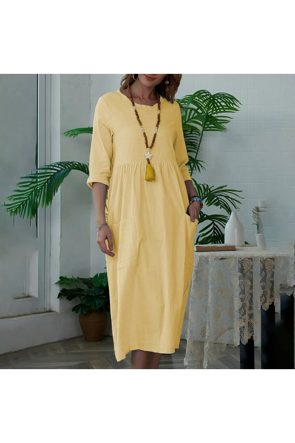 Frocks for Women Ladies Spring and Autumn Solid Color Three-Quarter Sleeve Fungus Edge Round Neck Elegant Loose Pocket Dress