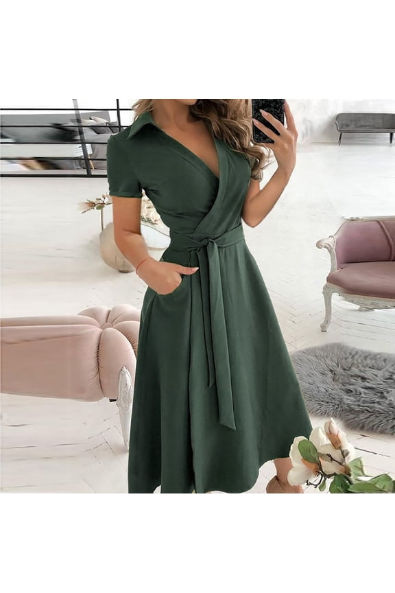 Frocks for Women Ladies Elegant Loose Bandage Short Sleeve Solid V-Neck Ankle-Length Dress