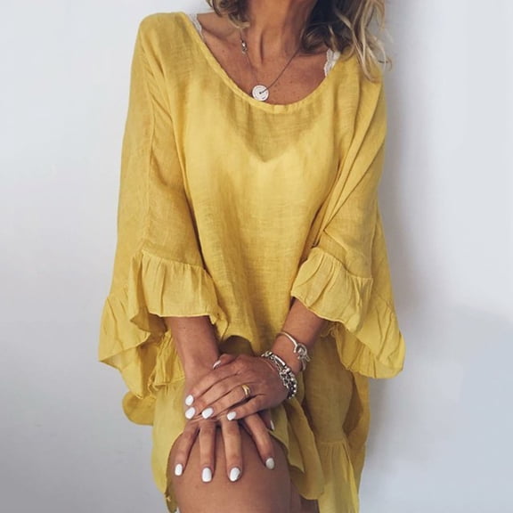 Leesechin Frocks for Women Ladies Solid Color Round Neck Ruffle Three-quarter Sleeve Blouse Dress