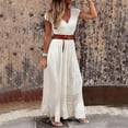 thumbnail image 1 of Leesechin Frocks for Women Ladies Summer Bohemian V-Neck Loose Short Sleeve Solid Ankle-Length Dress+Belt, 1 of 1