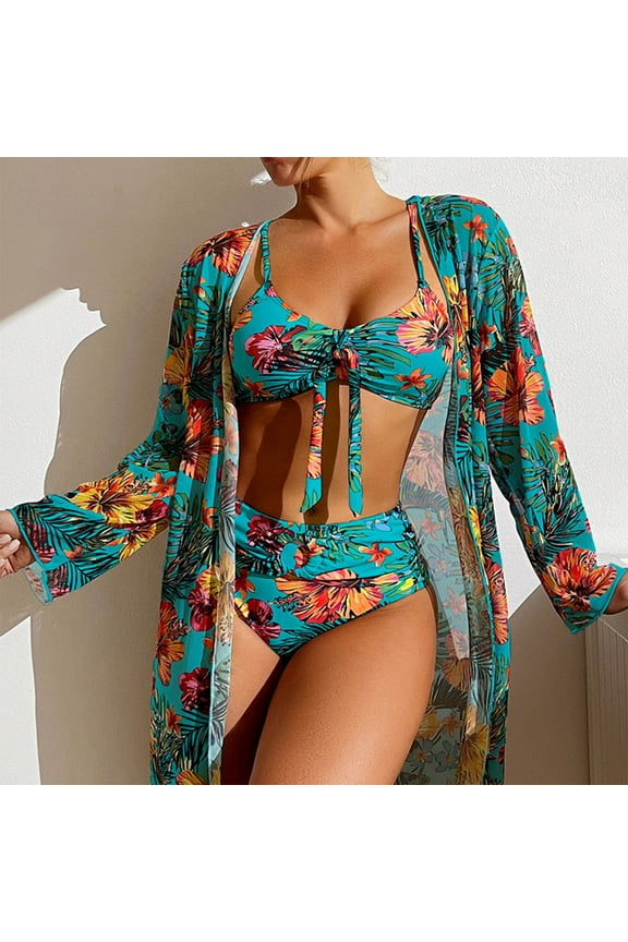 Leesechin Kimonos for Women Cardigan Long-sleeved Cover-up Split Three-piece Printed Lightweight Swimsuit