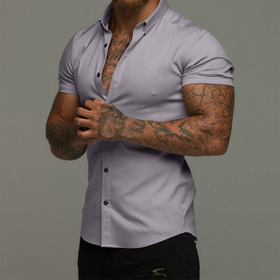 Leesechin Shirts for Men Casual Solid Slim-fit Turn-down Collar Button Short Sleeve Business Clothes