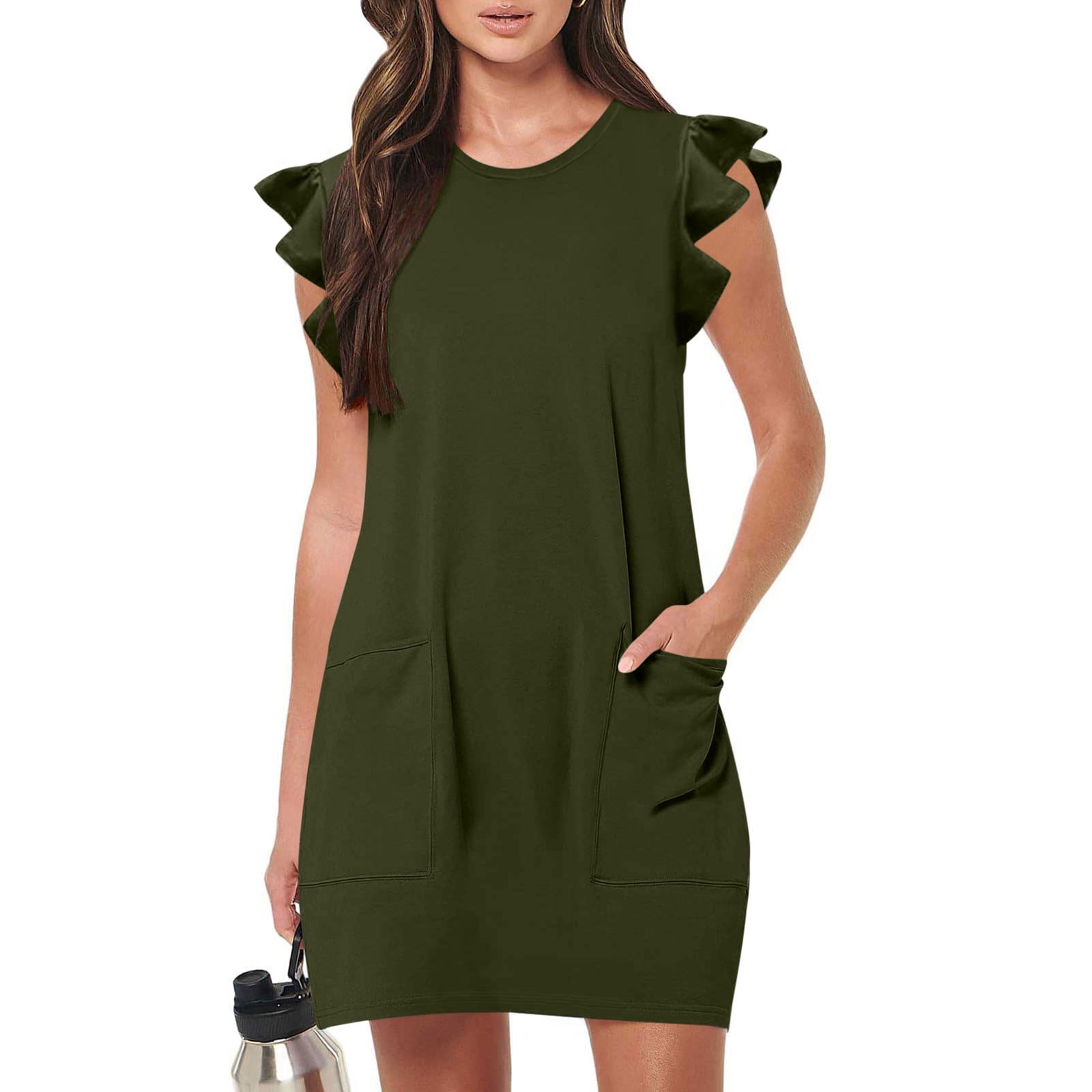 Nclook Women's Summer Mini Dress - V-Neck, Ruffle Sleeves, With Pockets, Green - View #6