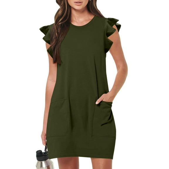 Leesechin Summer Dresses for Women Ladies Plus Size Elegant Dress Sweet & Cute V-Neck Mini Dress with Pocket Short Sleevele Ruffle Dress