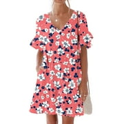 LEESECHIN Summer Dresses for Women Ladies Plus Size Elegant Dress Sweet & Cute V-Neck Mini Dress with Pocket Short Sleevele Ruffle Dress