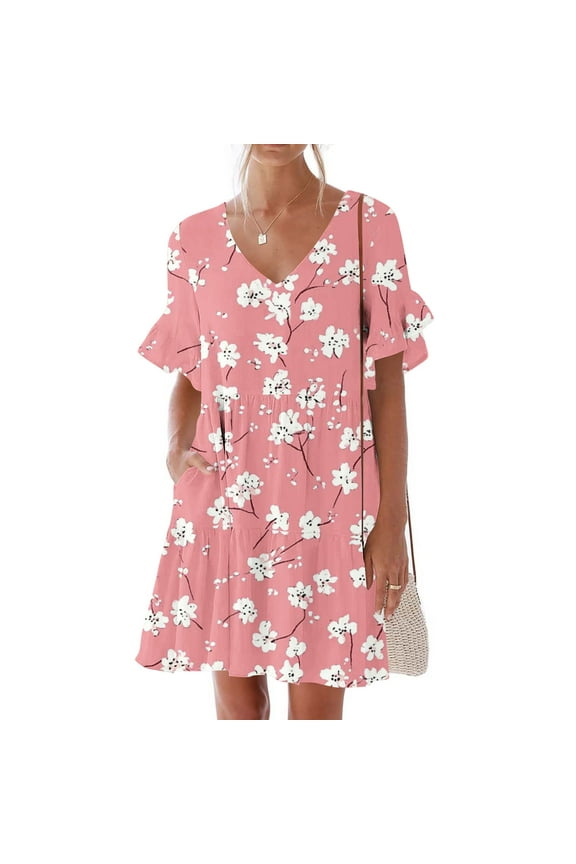 Leesechin Summer Dresses for Women Ladies Plus Size Elegant Dress Sweet & Cute V-Neck Mini Dress with Pocket Short Sleevele Ruffle Dress