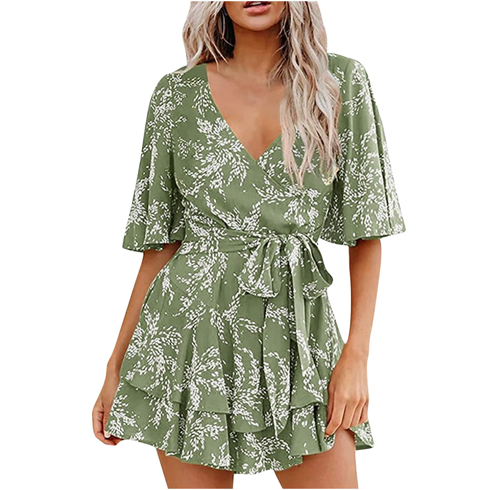 Nclook Women's Summer Mini Dress - V-Neck, Ruffle Sleeves, With Pockets, Green - View #2