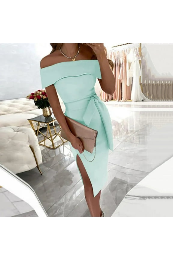 Summer Dresses for Women Ladies Plus Size Party Club Solid Slimming One Shoulder Bandage Split Dresses