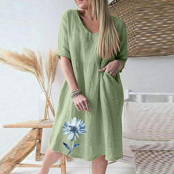 Leesechin Summer Dresses for Women Summer Ladies Three Quarter 3/4 Sleeve V Neck Plus Size Elegant Printing Dress