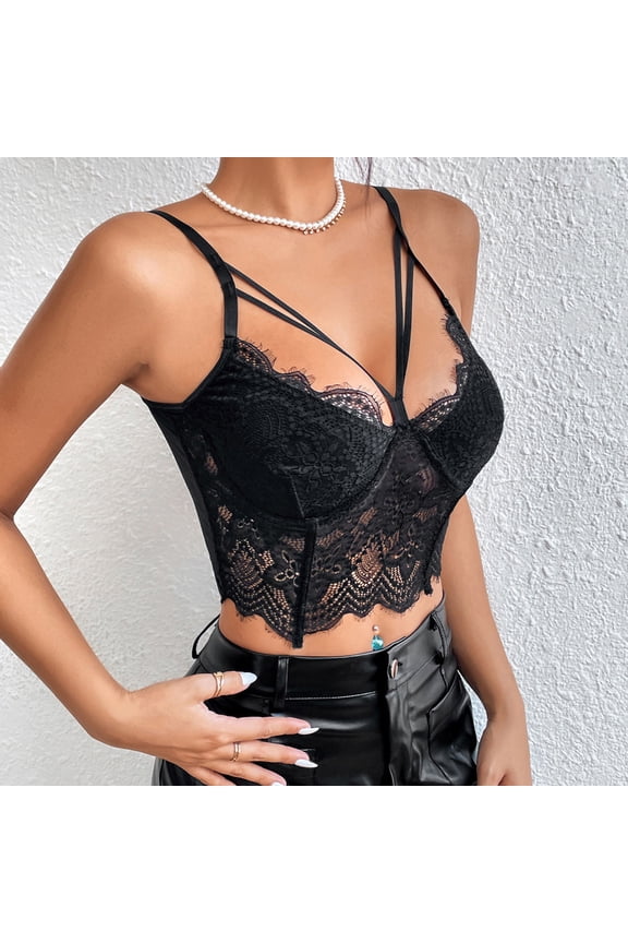 Leesechin Women's Hollowed Out Lace Eyelashes Underwire Fishbone Short Style Design Sense Small Vest Black