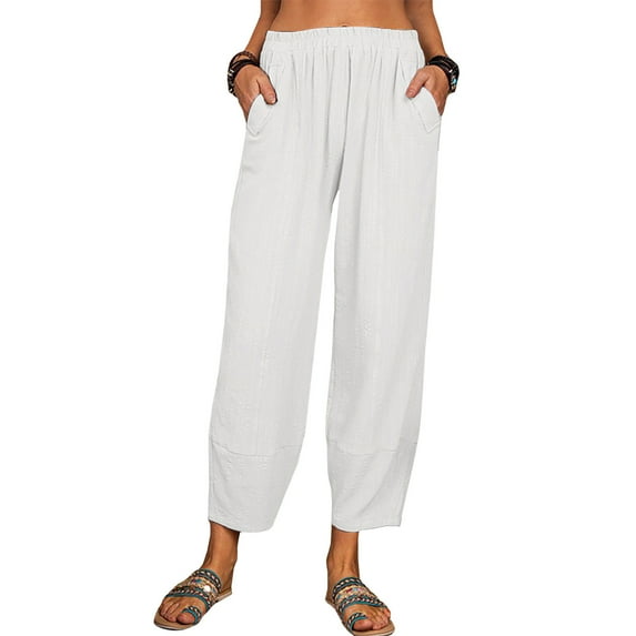 Leesechin Womens Pants Trendy SolidCotton and Linen Casual Loose Trouser Wide Ninth Trousers Trousers