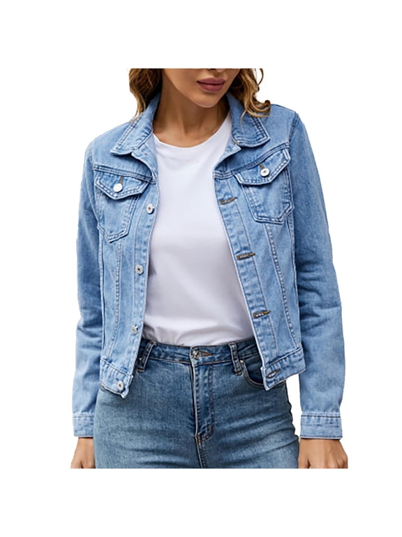 Leesechin Denim Jackets for Women Denim Jacket Long Sleeve Slimming Cardigan Pocket Coat Tops