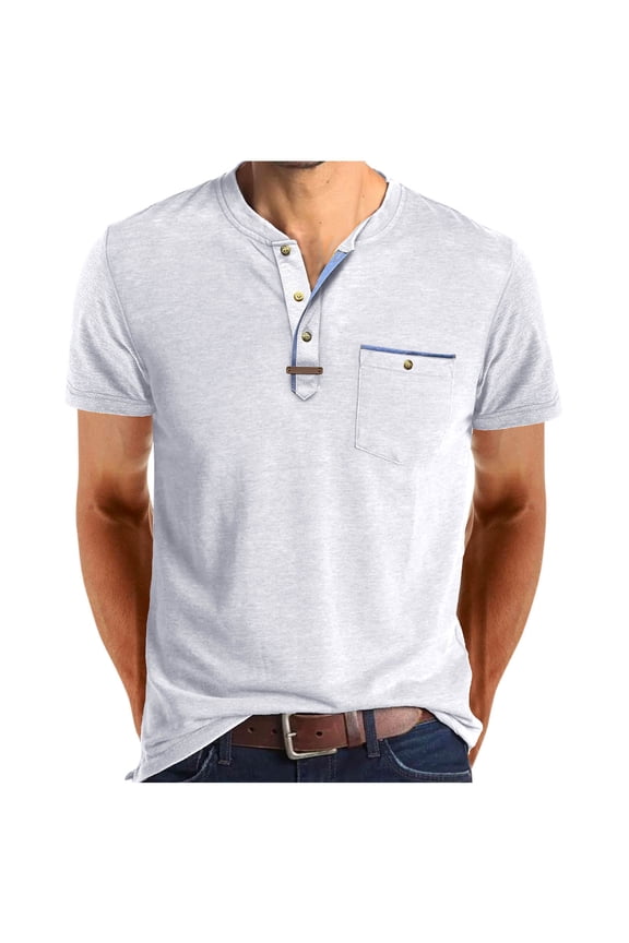 Fashion Men's Henley Shirts Classic Short Sleeve Basic Button Cotton T-Shirt with Pocket