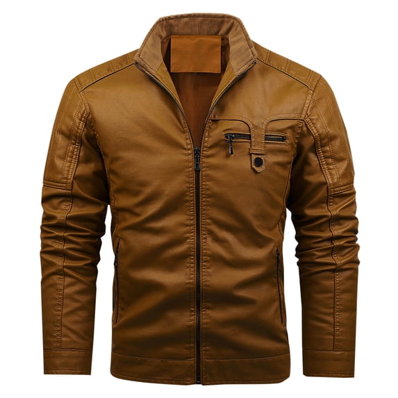 Leesechin Faux Leather Jacket Men's Slim Lapel Jackets Zipper Jacket