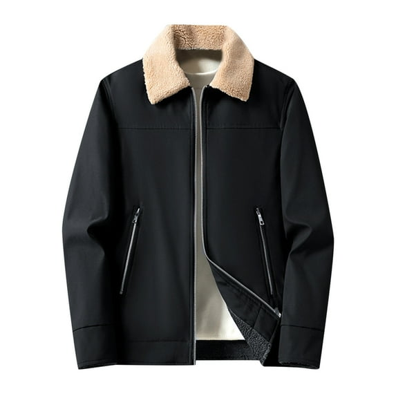 Leesechin Flannel Jackets for Men Fashion Solid Turn-down Collar Zipper Padded Thermal Jacket Coat